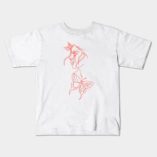 Minimalist Line Women, Abstract face with butterfly by one line drawing, Modern continuous line art, Portrait minimalistic style. Kids T-Shirt